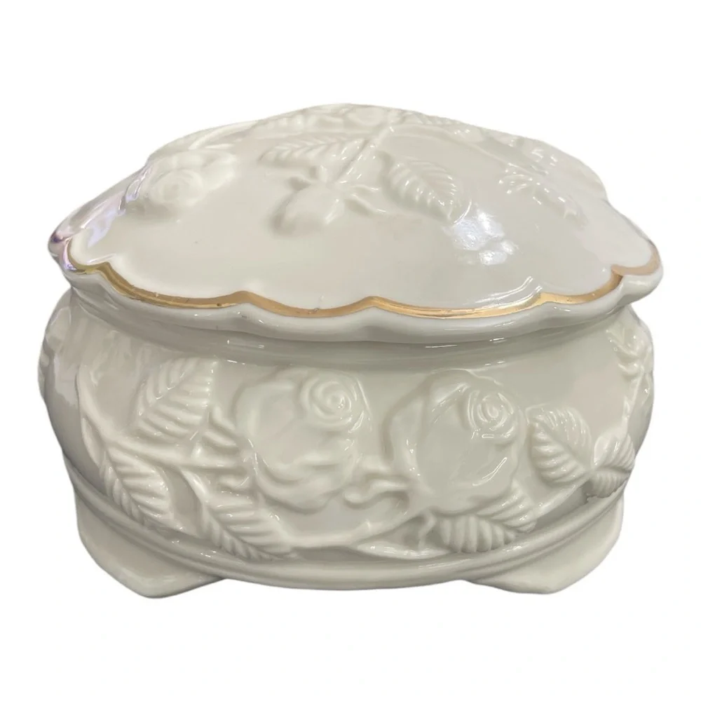 Bisque Porcelain Raised Rose Pattern Gold Trimmed Storage Box Footed